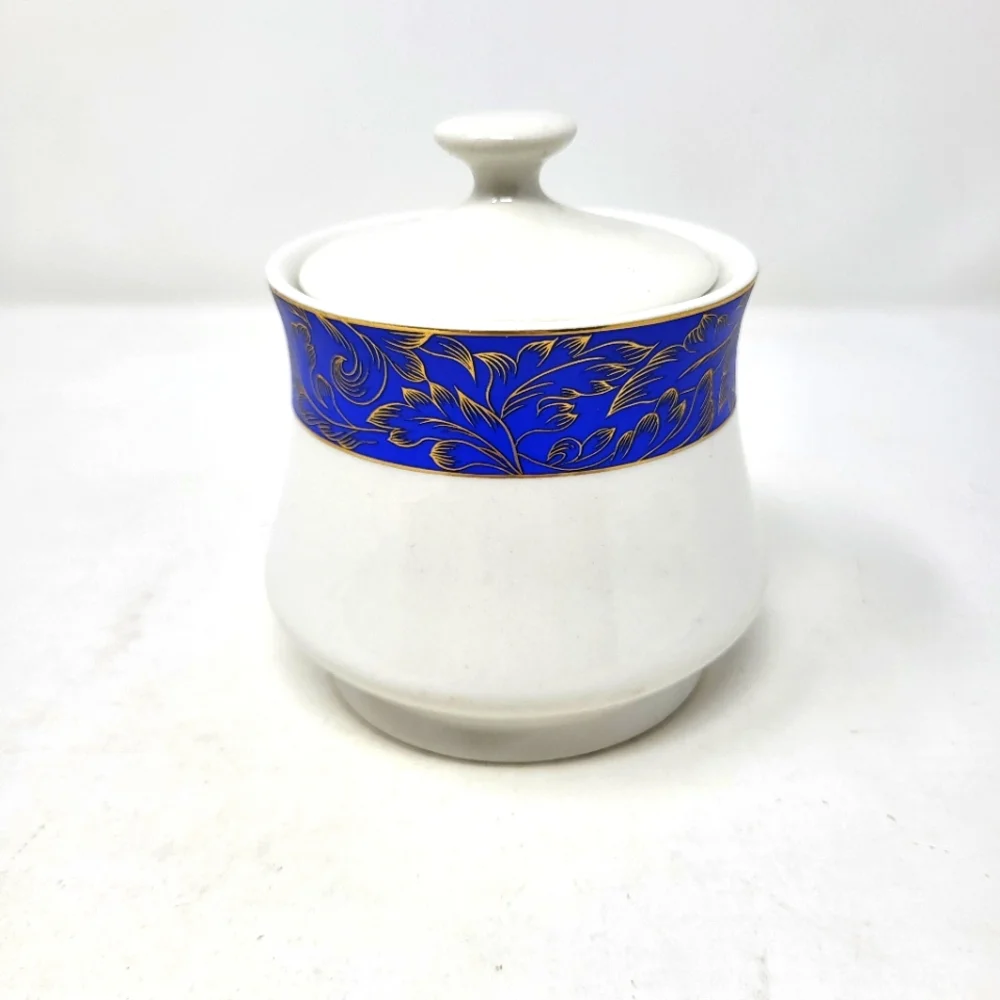 Vintage American Atelier Sugar‎ Bowl Courtyard Porcelain Blue Gold